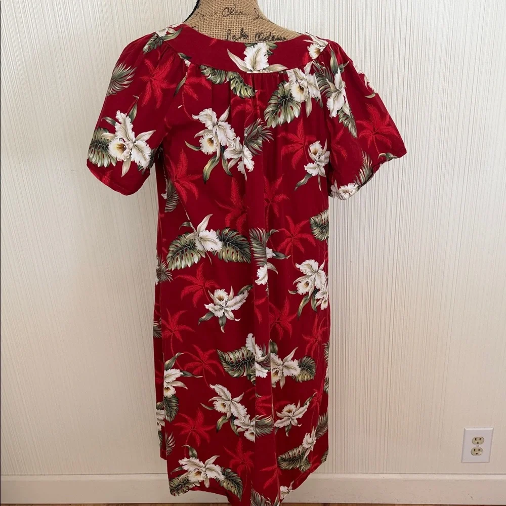 Vintage KY’S Red Floral Midi Dress/moo Moo with White Bloom Print Made in Hawaii - Picture 7 of 10